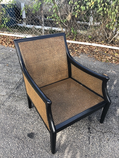Mid-century chair repaired and refinished.
Black dye was used for color and caninig replaced
